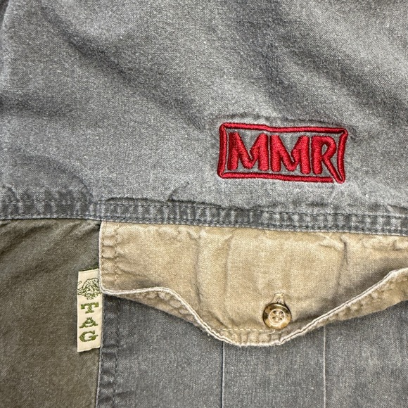 Vintage TAG Safari Shirt Mens Large Olive Khaki Colorblock Faded Travel Guide - Picture 6 of 11